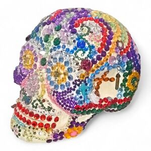 Day Of The Dead Rainbow Rhinestones 3D‎ Fullsize Bling Ceramic Skull Handcrafted